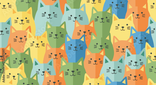 Colorful, cheerful vector illustration of many cute cat faces. This seamless pattern shows smiling felines in a playful, flat design style