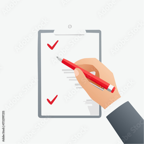 Close-up of a hand with a red pen editing a document, highlighting corrections on a sheet of paper against a neutral background.