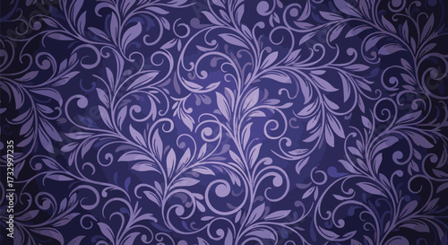 An elegant, seamless blue and purple floral ornamental pattern featuring intricate scrollwork and foliage