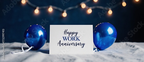 joyful work anniversary card with blue balloons and vibrant floral arrangement | workplace, corporate, congratulations, milestone, employee theme
