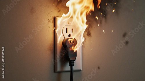 electrical outlet fire hazard, damaged wiring, home safety warning, dangerous sparks and flames | safety, warning, hazard, electricity, damage theme