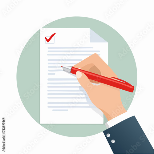 Close-up of a hand with a red pen editing a document, highlighting corrections on a sheet of paper against a neutral background.