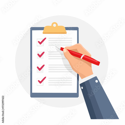 Close-up of a hand with a red pen editing a document, highlighting corrections on a sheet of paper against a neutral background.