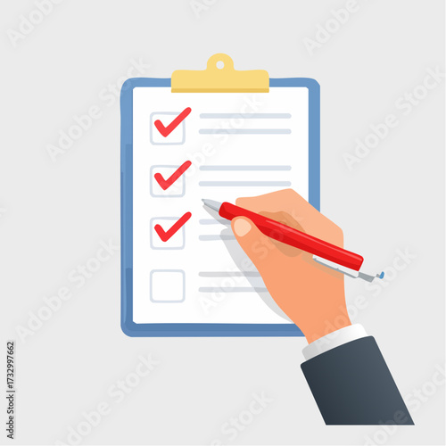 Close-up of a hand with a red pen editing a document, highlighting corrections on a sheet of paper against a neutral background.