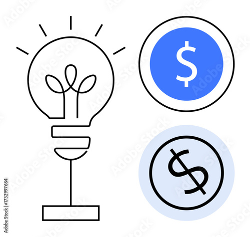 Light bulb with plant symbolizes innovation. Blue dollar coin and outlined coin suggest profit, growth, and investments. Ideal for business, finance, innovation, sustainability, creativity success