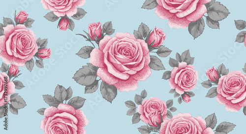 Seamless pattern of vintage pink roses with buds and grey leaves on a soft mint green background
