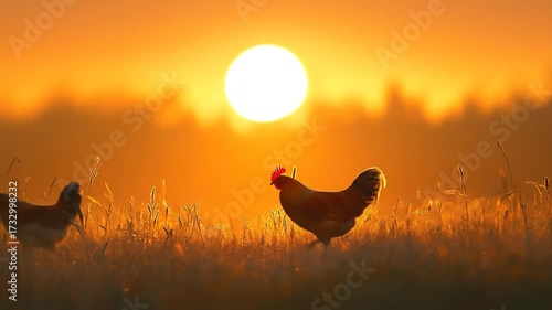 Two chickens silhouetted against a vibrant sunrise