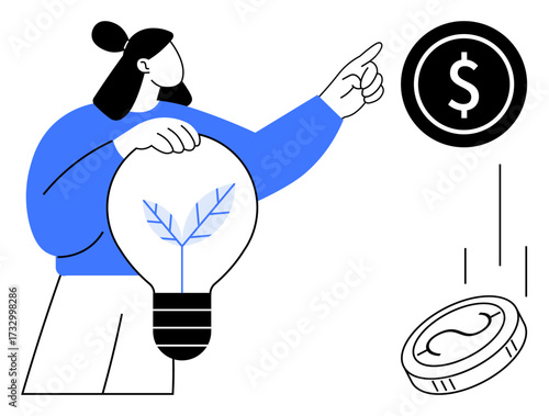 Woman holding a light bulb with a plant inside, pointing to money icons representing eco-focused investment. Ideal for sustainability, finance, innovation, growth, energy, economy, simple flat