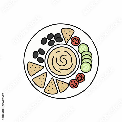 Appetizer platter vector illustration of hummus olives cheese and pita bread delicious snack