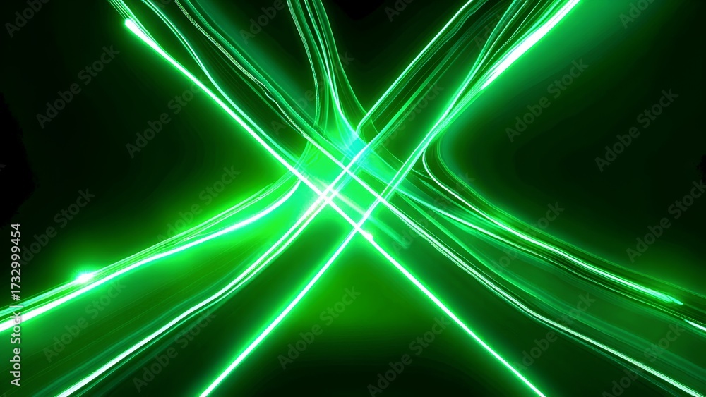 Obraz premium A vibrant abstract image featuring intersecting green light trails against a dark background, creating a dynamic and energetic visual effect.