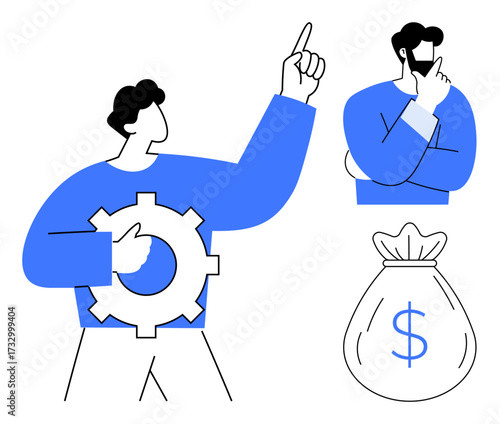 Two characters focus on decision-making and idea generation with settings of teamwork, strategy, and finance. Ideal for business, innovation, planning, leadership, management, success simple flat