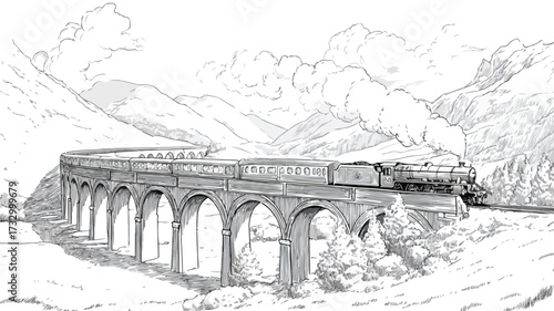 Majestic Steam Train Crossing Glenfinnan Viaduct - Scenic Railway Landscape View