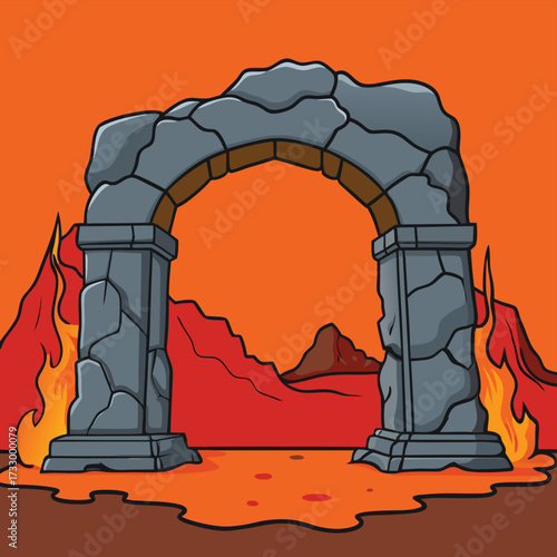 ancient volcanic rock archway with lava beneath .eps