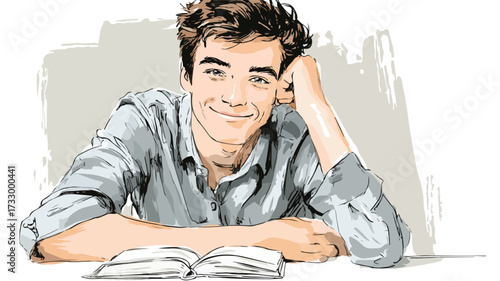 Smiling Young Man Portrait with Book Sitting Vector Illustration