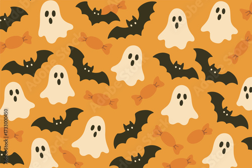 Seamless Halloween Pattern with Ghosts, Bats, and Candy