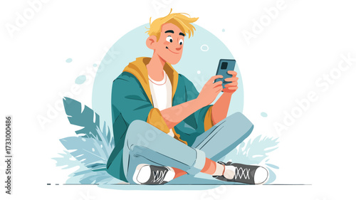 Smiling Young Man Using Mobile Phone While Sitting