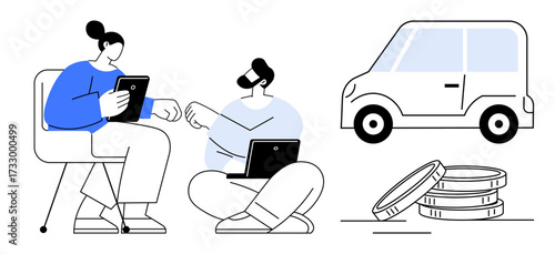 Two people interact with digital devices, exchanging ideas or deals. Nearby car and coins symbolize finance, business, and transactions. Ideal for e-commerce, negotiation, investment, car trade