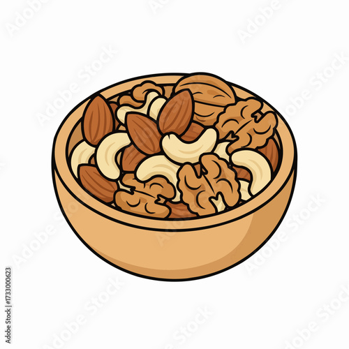 Vector illustration of a wooden bowl filled with a variety of mixed nuts and seeds healthy snack