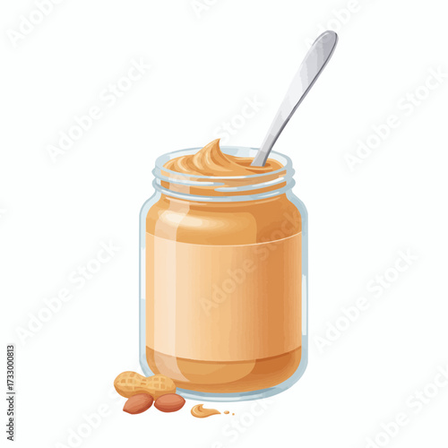 Delicious peanut butter jar with spoon and peanuts vector illustration scalable food graphic