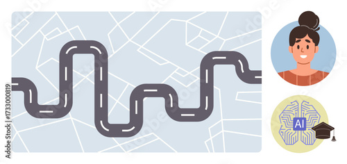 Curved road spans abstract map background. Circular icons of AI brain with graduation hat and female profile portrait. Ideal for guidance, education, technology, AI, decision-making, career