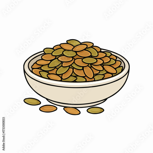 Vector illustration of a bowl filled with nutritious pumpkin seeds and scattered seeds on a