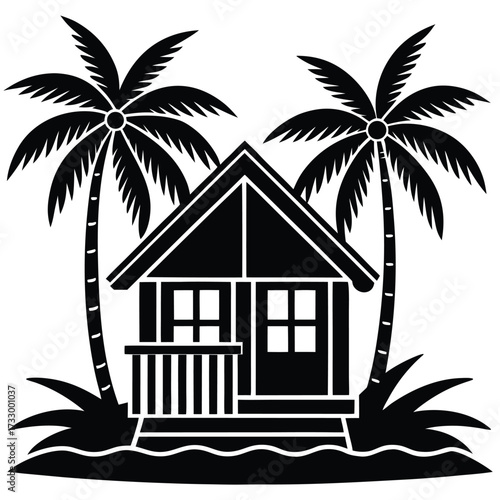 beach hut house with palm trees vector on white ba.eps