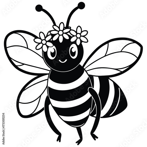 bee with flower crown cartoon clipart on white bac.eps
