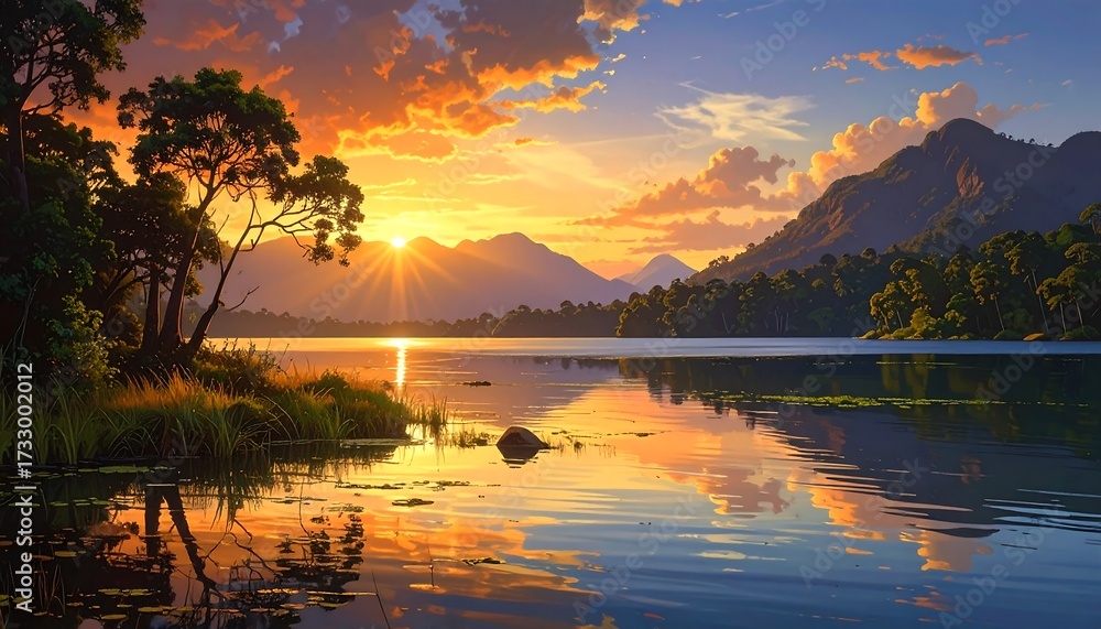 Fototapeta premium Sunset over a tranquil lake