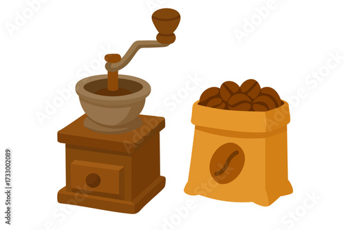 Vector illustration of coffee grinder and bag with beans, flat cartoon doodle style isolated.