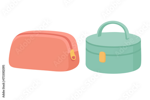 Vector illustration of cosmetic bags in different shapes, flat cartoon doodle style isolated.