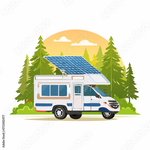 Illustration of a solar-powered RV parked in a scenic forest setting, highlighting sustainable travel and outdoor adventure.