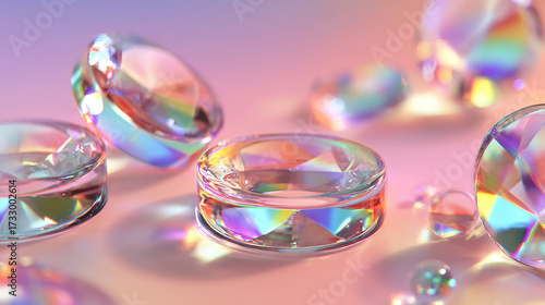 Wallpaper Mural Abstract 3D render of transparent glass discs floating on a soft pastel background, circular holographic shapes with rainbow gradient reflections Torontodigital.ca