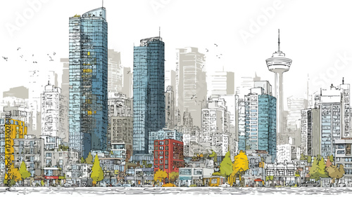 Modern Urban Cityscape with Skyscrapers, Streets, and Buildings