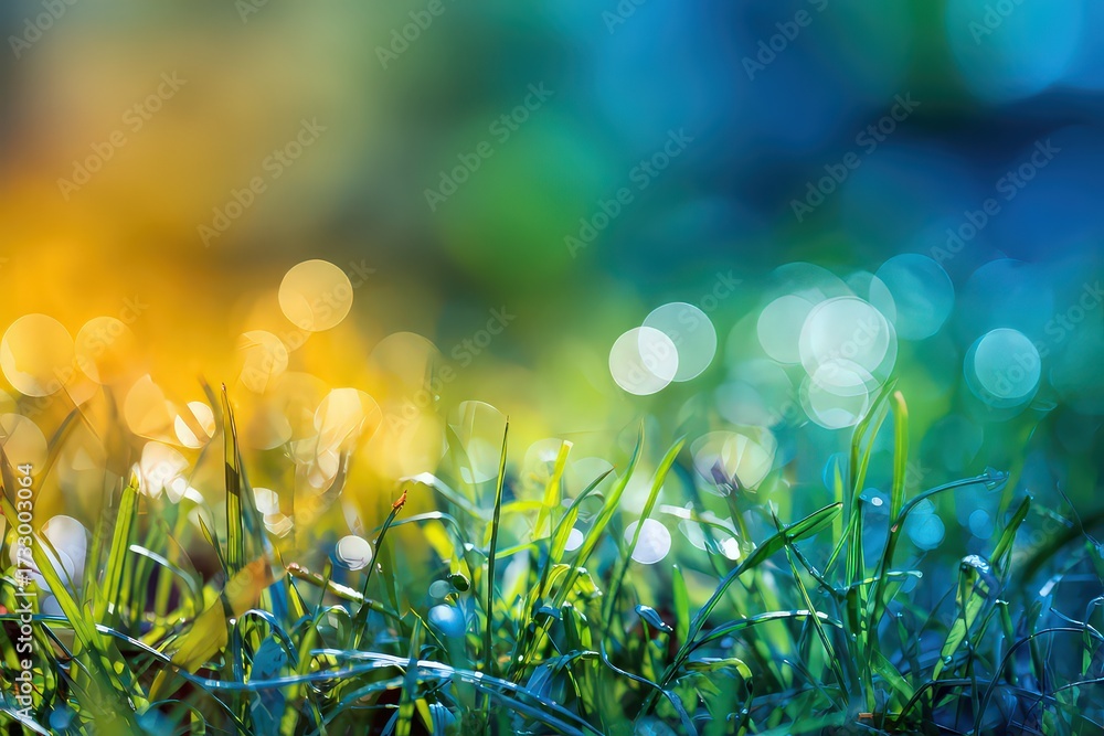 Fototapeta premium Vibrant Grass Blades Dew Drops Soft Focus