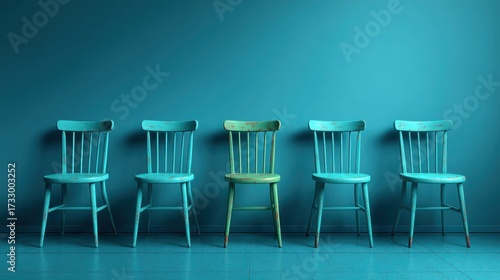 Row of Blue Chairs with One Green Chair as a Concept of Uniqueness and Differences