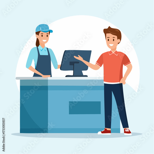 Illustration of a male customer at a retail counter interacting with a female cashier in a blue uniform on a light blue background.