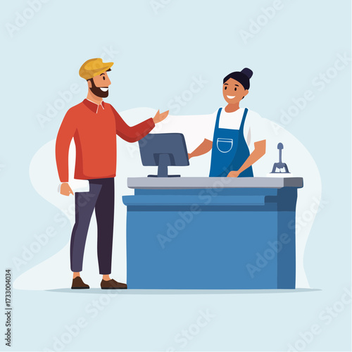 Illustration of a male customer at a retail counter interacting with a female cashier in a blue uniform on a light blue background.