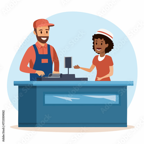 Illustration of a male customer at a retail counter interacting with a female cashier in a blue uniform on a light blue background.