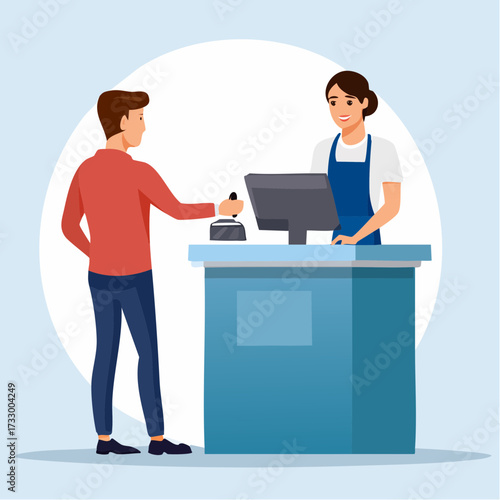 Illustration of a male customer at a retail counter interacting with a female cashier in a blue uniform on a light blue background.