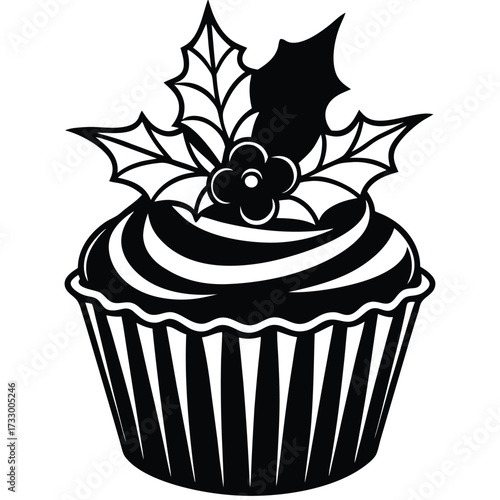 cartoon christmas cupcake decorated with holly ill.eps