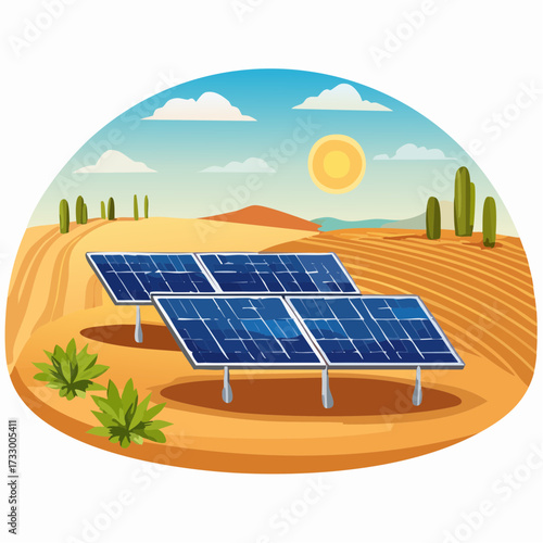 Sustainable dry farm showcases solar panels powering an irrigation system for drought-resistant crops in a desert landscape. A modern, eco-friendly solution for arid regions.