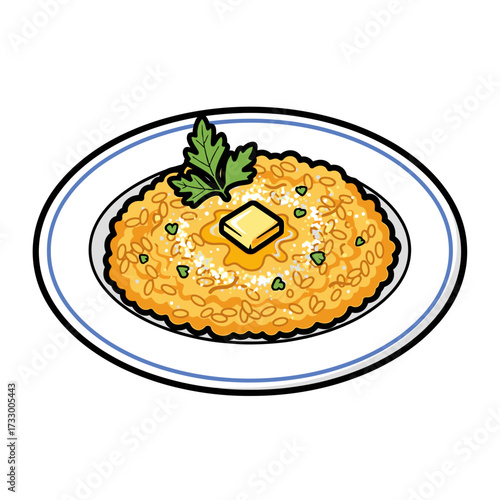 Cartoon Illustration of Risotto Plate with Bold Black Outline on White Background