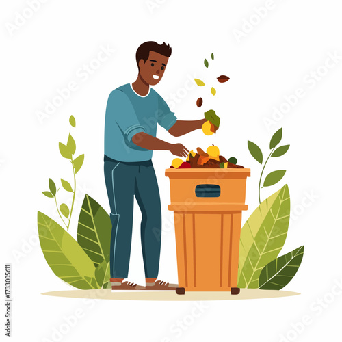 A man composts fruit waste in a modern compost bin. A clean, illustrative style highlights sustainable living. Perfect for eco-friendly concepts.