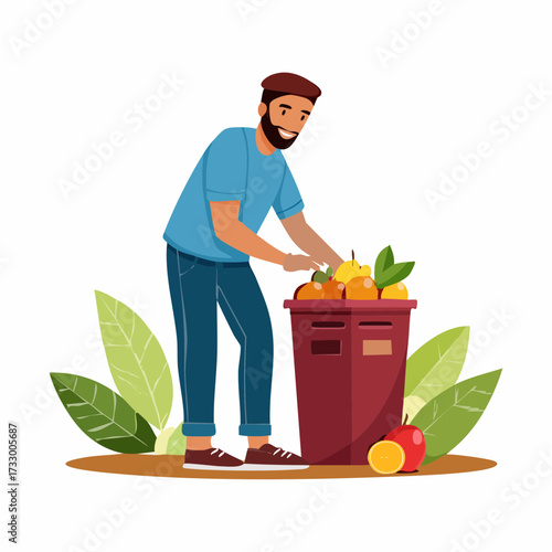 A man composts fruit waste in a modern compost bin. A clean, illustrative style highlights sustainable living. Perfect for eco-friendly concepts.