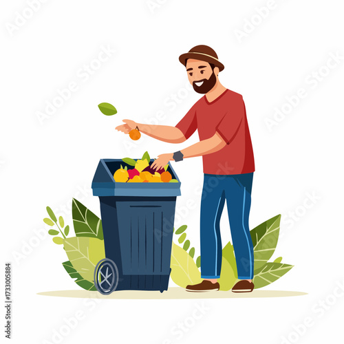 A man composts fruit waste in a modern compost bin. A clean, illustrative style highlights sustainable living. Perfect for eco-friendly concepts.
