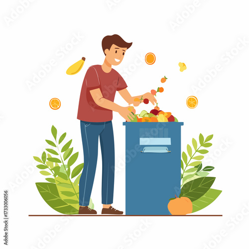 A man composts fruit waste in a modern compost bin. A clean, illustrative style highlights sustainable living. Perfect for eco-friendly concepts.