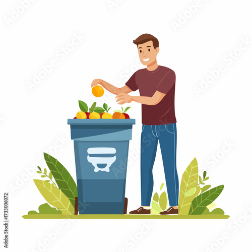 A man composts fruit waste in a modern compost bin. A clean, illustrative style highlights sustainable living. Perfect for eco-friendly concepts.