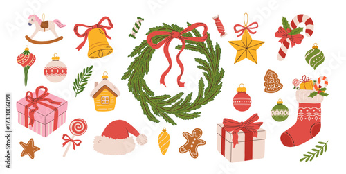 Hand drawn Christmas vector illustration set with wreath, cookies, ornaments, gifts, stocking and decorations. Winter holiday clipart. Happy New Year