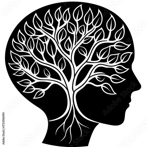 Silhouette of a Human Brain with a Growing Sapling, Concept of Growth, Intelligence, and Eco-Consciousness.