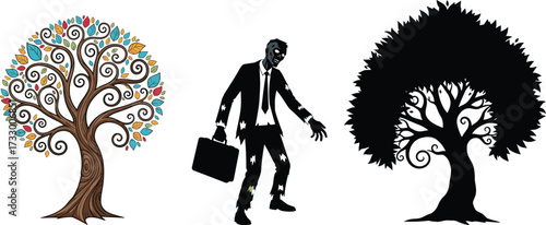Business zombie character with briefcase, standing between colorful tree and black silhouette tree, halloween concept, horror fantasy illustration design